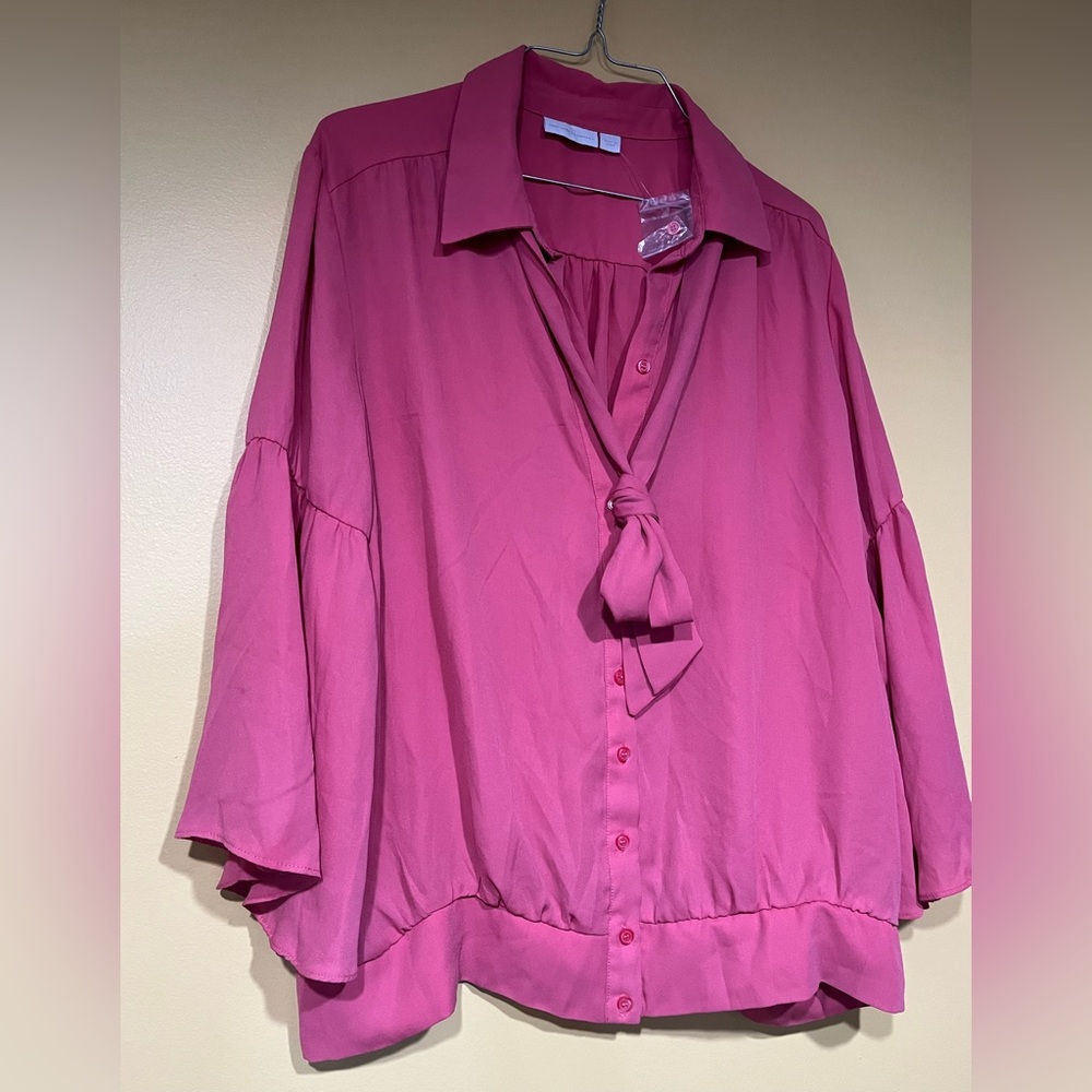 New York & Company Pink Blouse with Tie and Bell 3/4 Sleeves.